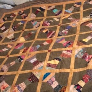 Vintage Homemade Patchwork Quilt with Olive and Multicolor Design 51”x51”